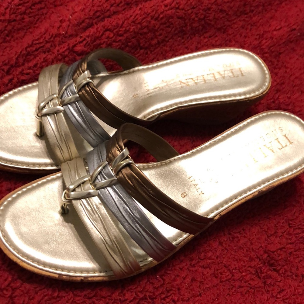 Sandals, Bronze, silver and gold bands.